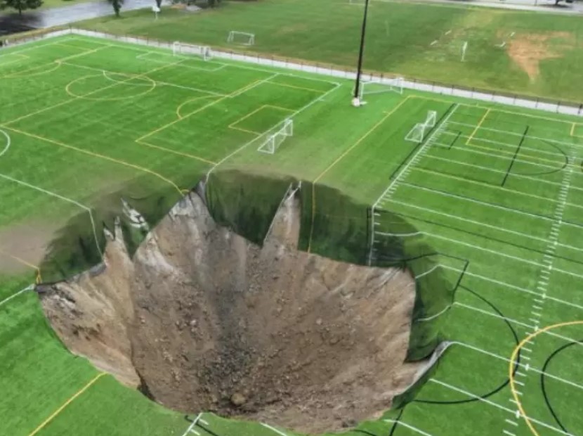 Cratera se forma em campo de futebol.