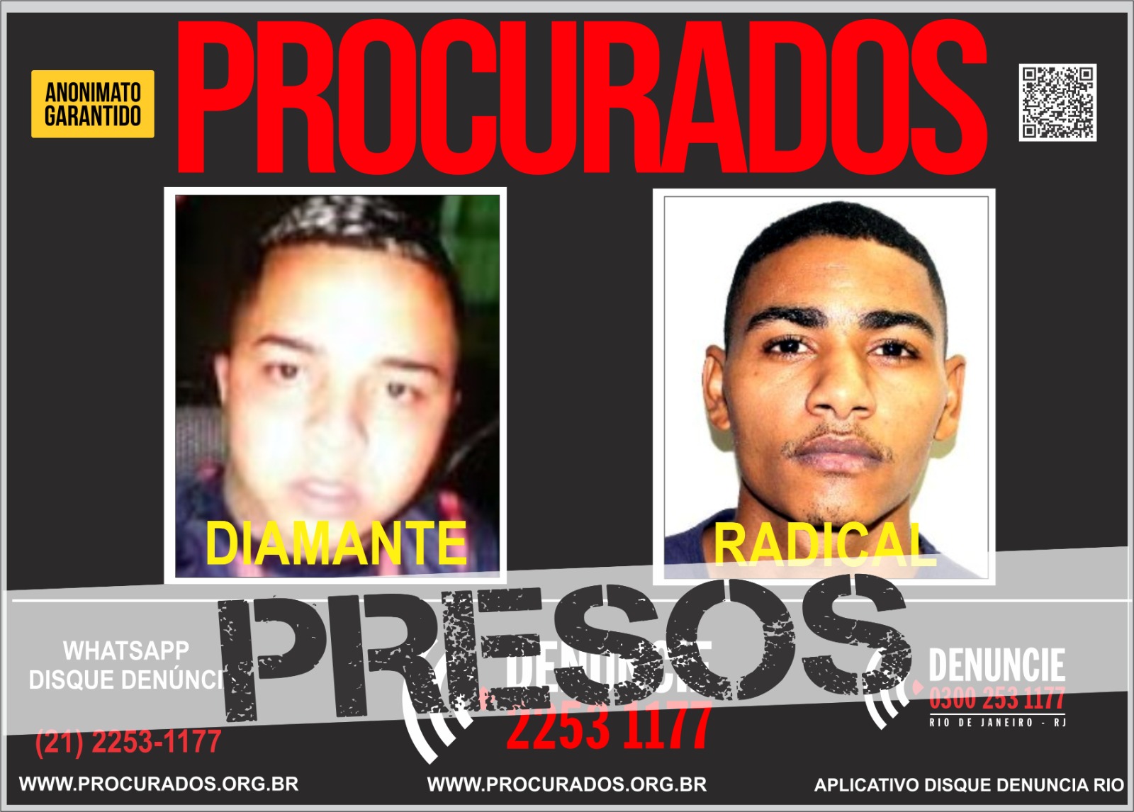 Washington Targino Pereira, o “Diamante”, de 27 anos, e Rogério Camilo, o “Radical”, de 33 anos, foram presos na Comunidade do Guacha. Foto: Divulgação