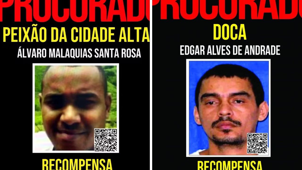 Cartaz de procurados da polícia com fotos de Álvaro Malaquias Santa Rosa, o Peixão da Cidade Alta, e Edgar Alves de Andrade, o Doca, oferecendo recompensas por informações