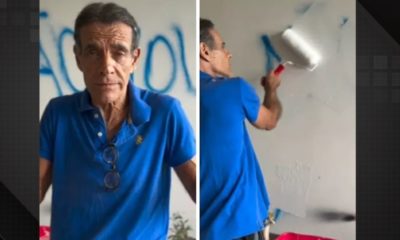 Mário Gomes se arrepende e cobre pichação em mansão no Joá, na Zona Oeste do Rio. Foto: Reprod