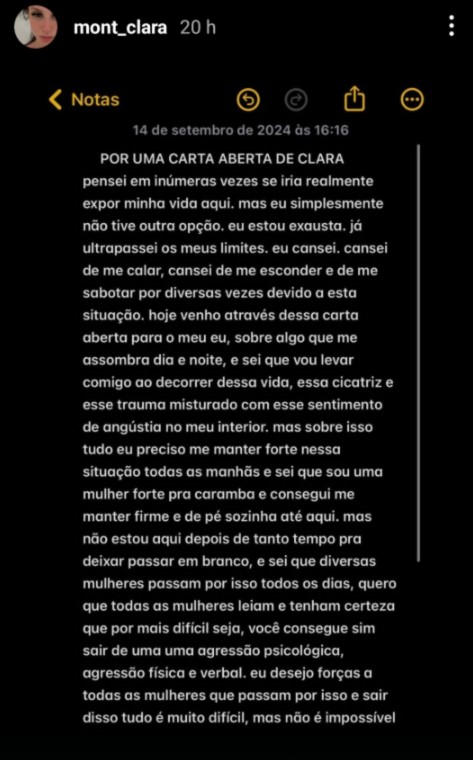 Clara Monteiro revela episódios de agressão em relacionamento tóxico.