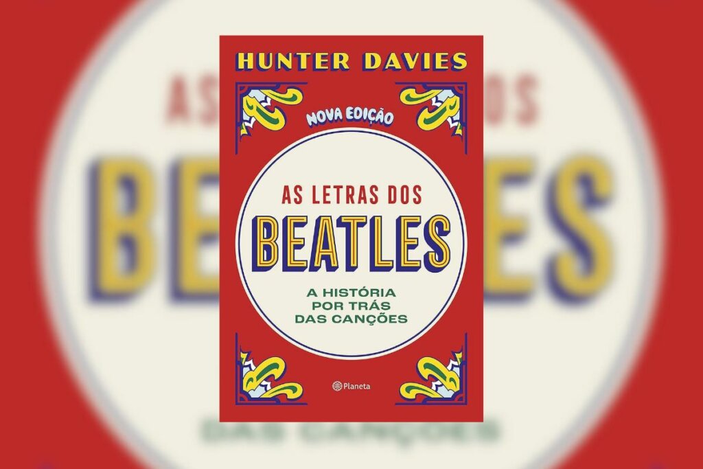 Capa do Livro"As Letras dos Beatles" com fundo vermelho e a ilustração de um círculo bege com desenhos nas laterais 