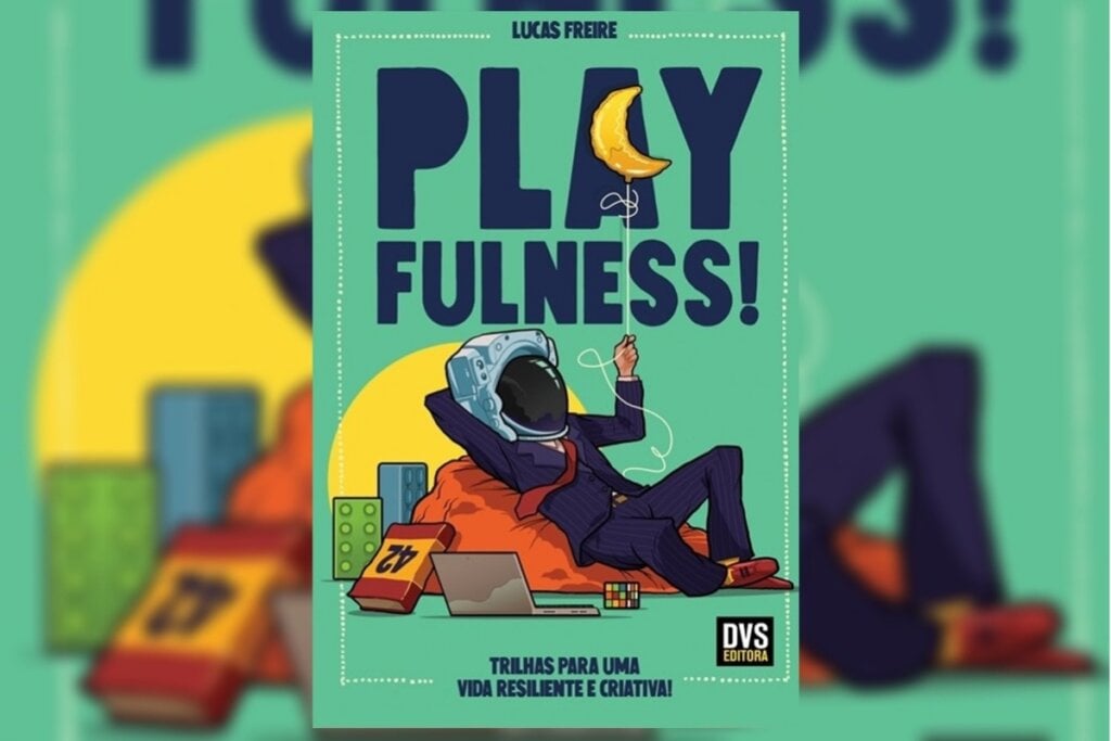 Ilustração de um homem vestindo terno deitado e uma montanha de moedas na capa do livro ' Playfulness: Trilhas para uma vida resiliente e criativa'