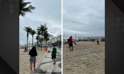 Cariocas e turistas aproveitam Praia de Copacabana apesar do tempo chuvoso