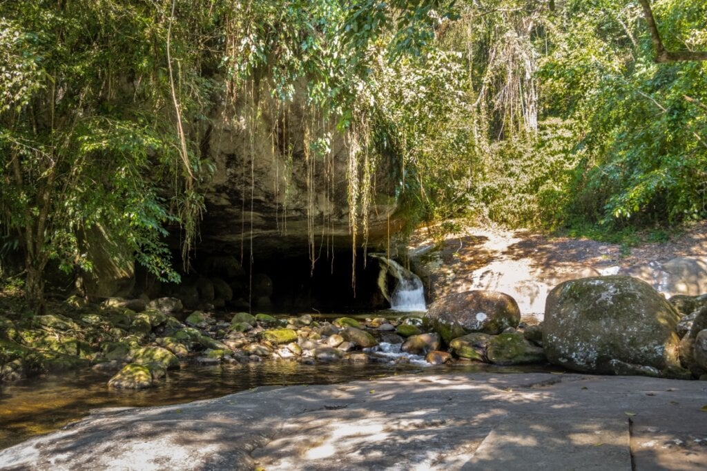 Cachoeira e vegetação verde ao redor com pedras