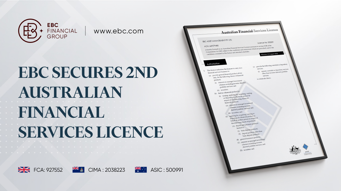 Certificado de Licença de Serviços Financeiros Australianos do EBC Financial Group, destacando seus serviços expandidos de gestão de ativos