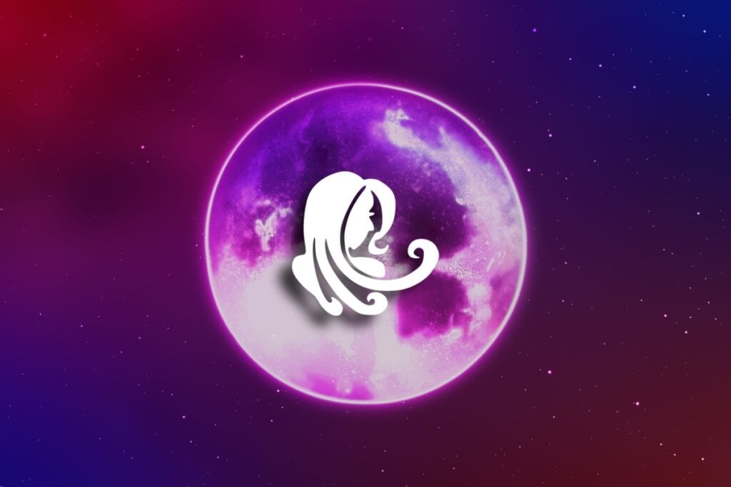 Ilustração do signo de Virgem em um círculo com tons de roxo e rosa