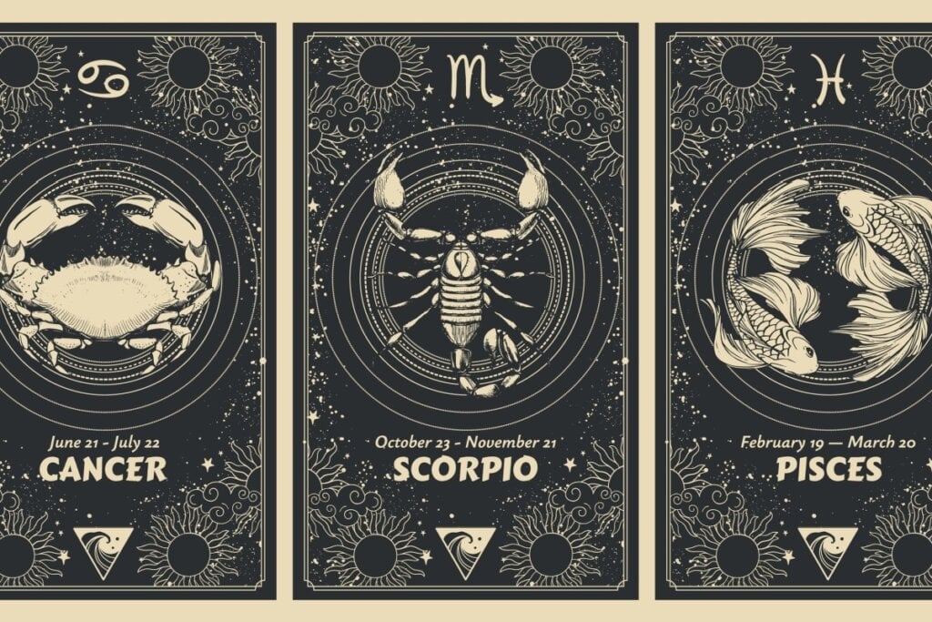 ilustração de cartas em tons de preto e bege com os Signos de Água: Câncer, Escorpião e Peixes