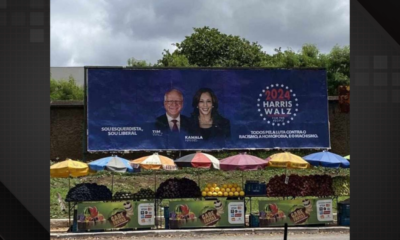 Outdoors em apoio a Kamala Harris e Donald Trum foram espalhados pela cidade