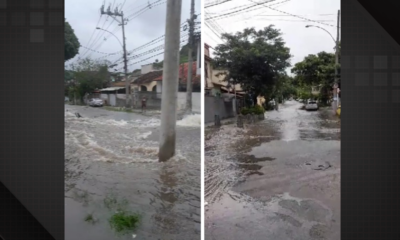 Imagens do vazamento de água em uma tubulação de grande porte, em Vila Kosmos, na Zona Norte.