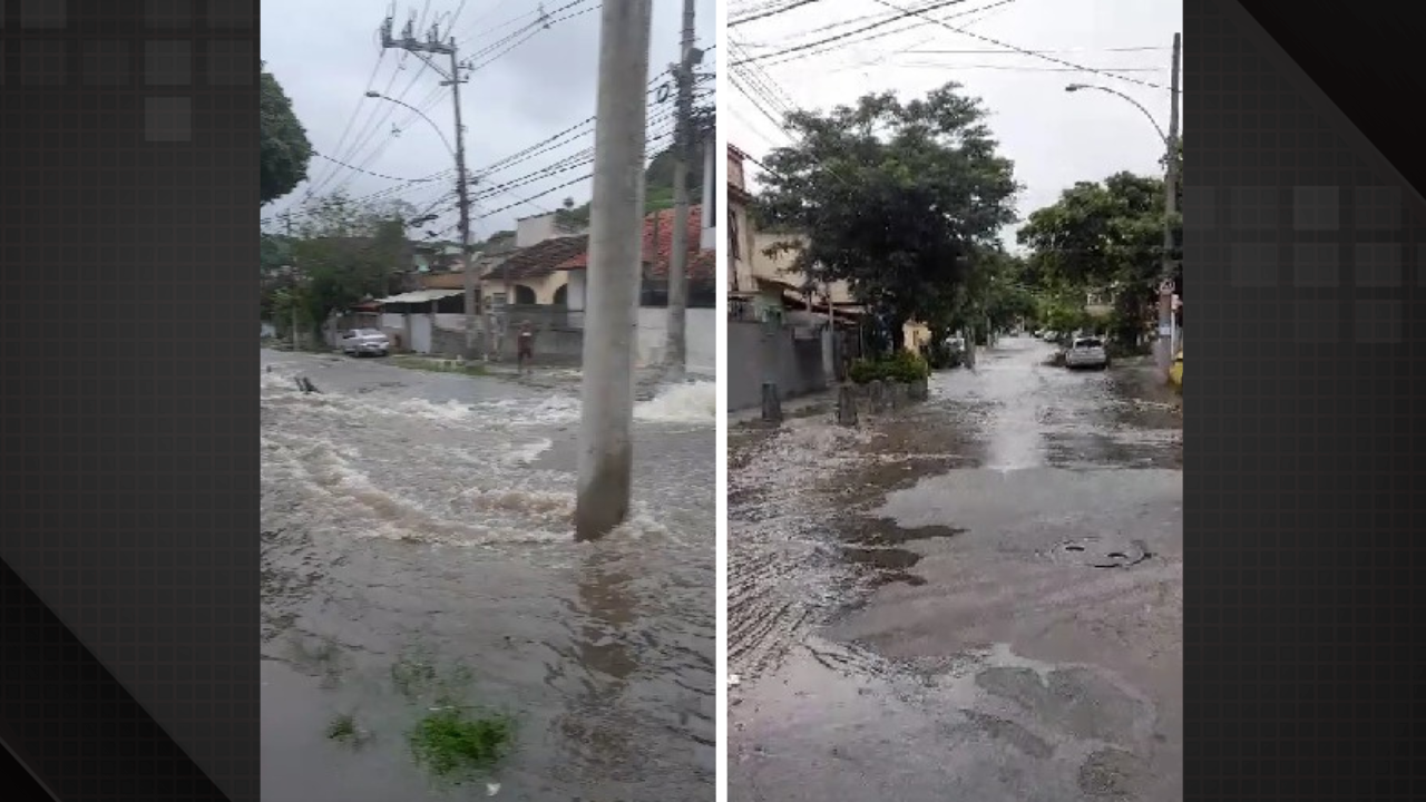 Imagens do vazamento de água em uma tubulação de grande porte, em Vila Kosmos, na Zona Norte.