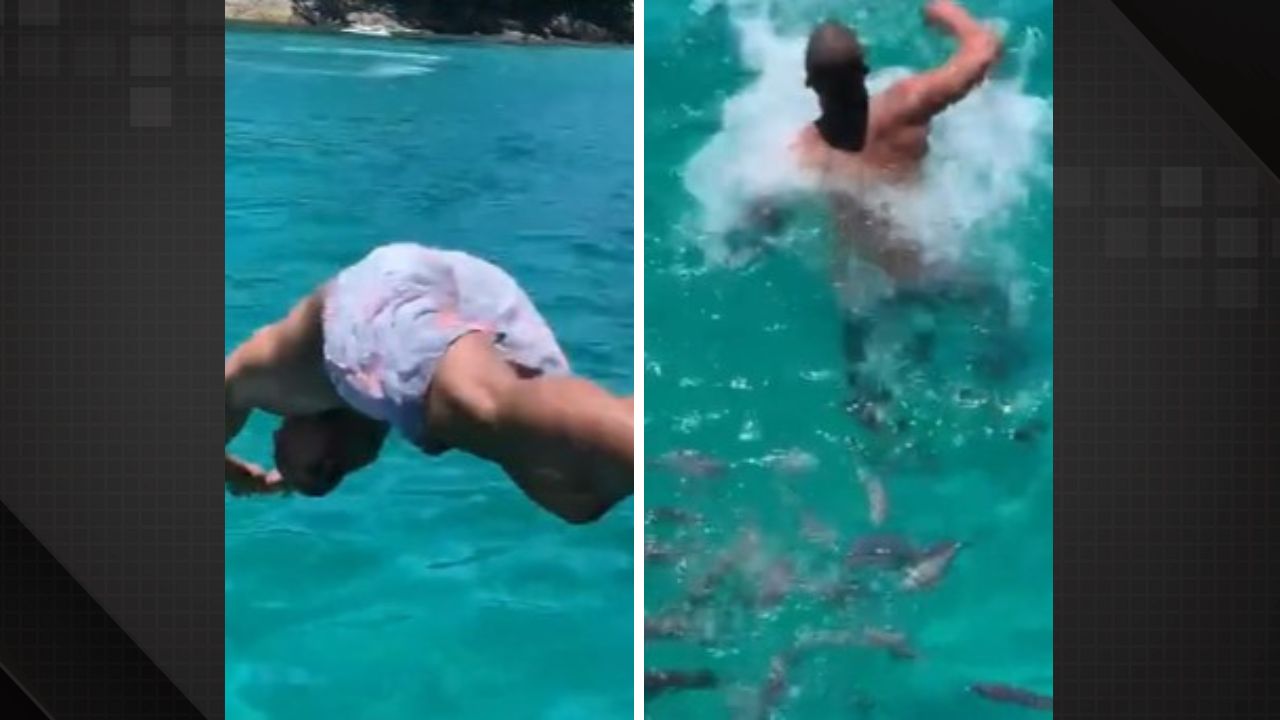 Homem que tem medo de peixe pula em mar aberto e é trolado pela namorada