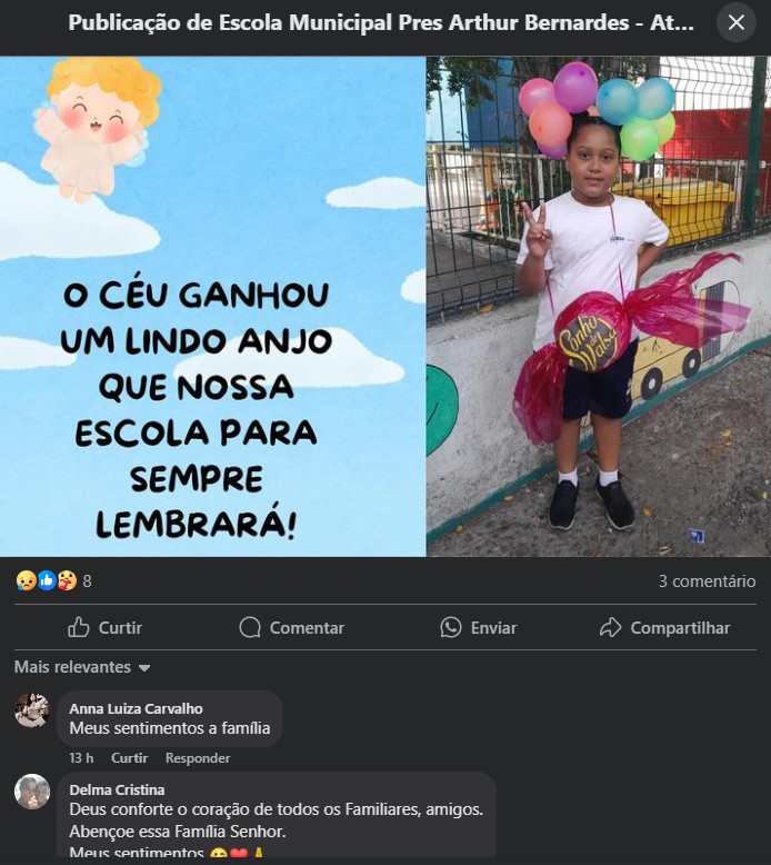 Escola Municipal Arthur Bernardes, na Zona Oeste do Rio, confirma morte de aluna engasgada. 