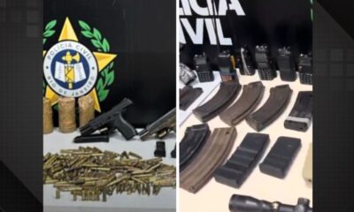 Diversos amarmentos, como granadas, rádios transmissores, pistolas e munições para fuzis