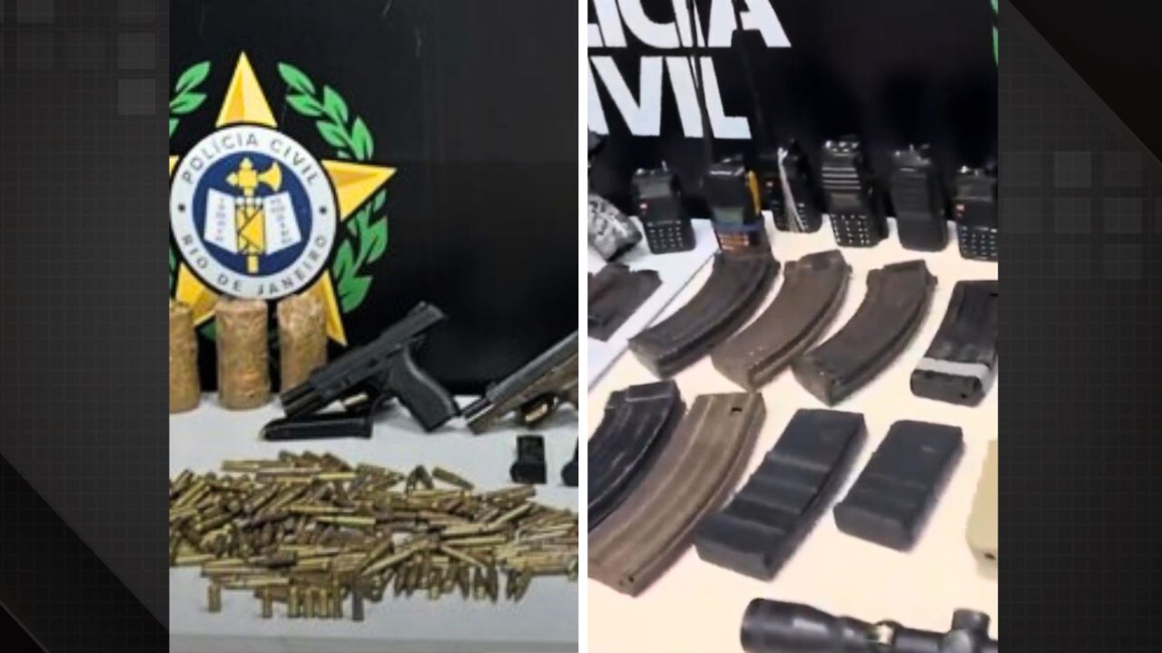 Diversos amarmentos, como granadas, rádios transmissores, pistolas e munições para fuzis