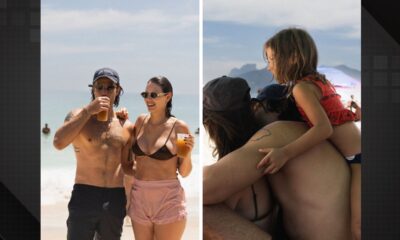 Chay Suede e Laura Neiva aproveitam dia de praia com a família