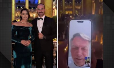 Michelle e Eduardo Bolsonaro em jantar. Eles fazem chamada com Bolsonaro em jantar antes da posse de Trump