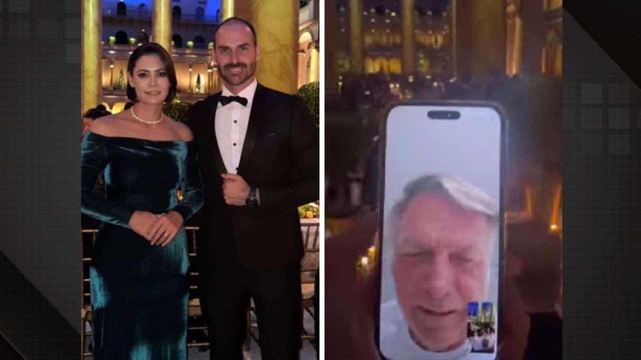 Michelle e Eduardo Bolsonaro em jantar. Eles fazem chamada com Bolsonaro em jantar antes da posse de Trump