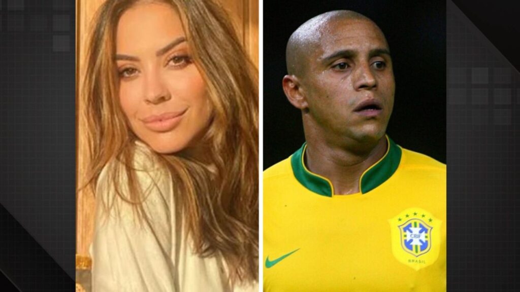 Fotomontagem com duas pessoas: à esquerda, Bárbara Thuler com cabelo castanho claro, usando maquiagem leve e sorrindo levemente; à direita, Roberto Carlos, ex-jogador da Seleção Brasileira, vestindo o uniforme amarelo característico do time