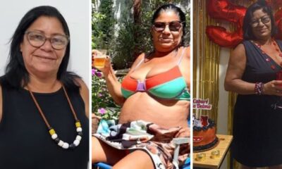 Montagem de três fotos de Joselma Silva, que concorre a uma vaga no BBB 25. Nas imagens ela aparece descontraída eem festas