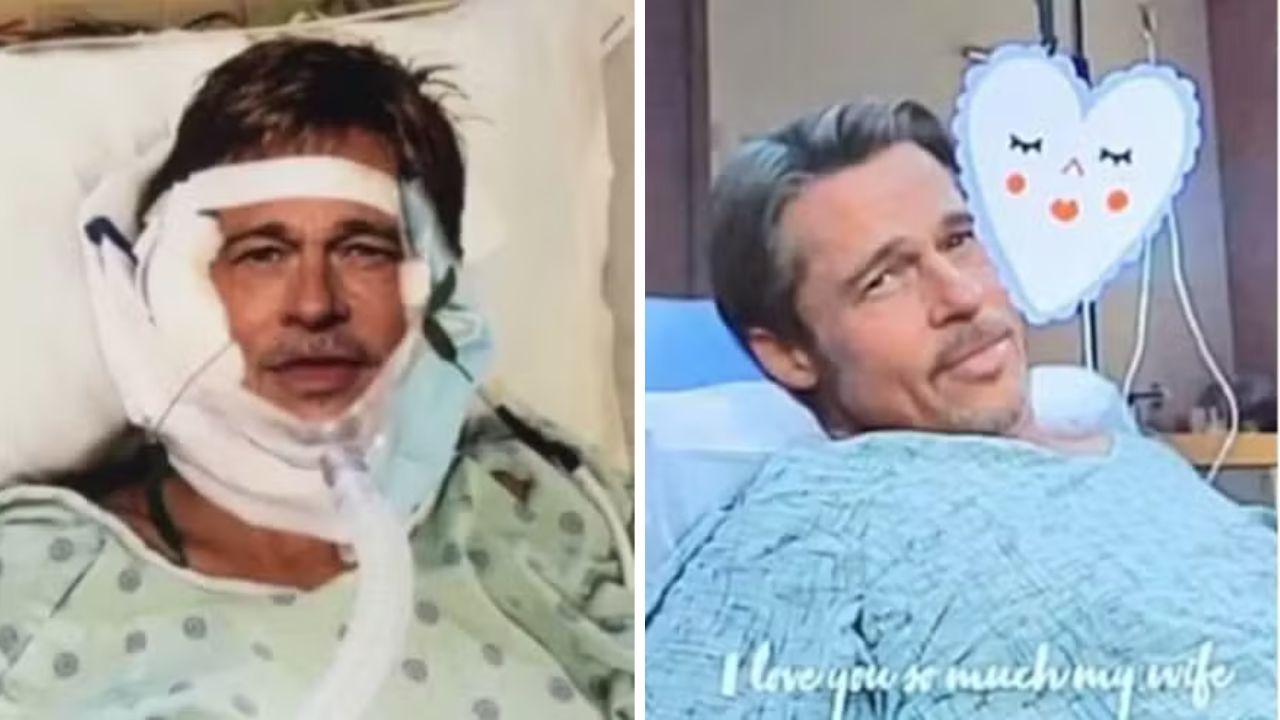 Montagem de duas imagens geradas por inteligÊncia artificial que mostram o ator Brad Pitt supostamente doente em cama de hospital