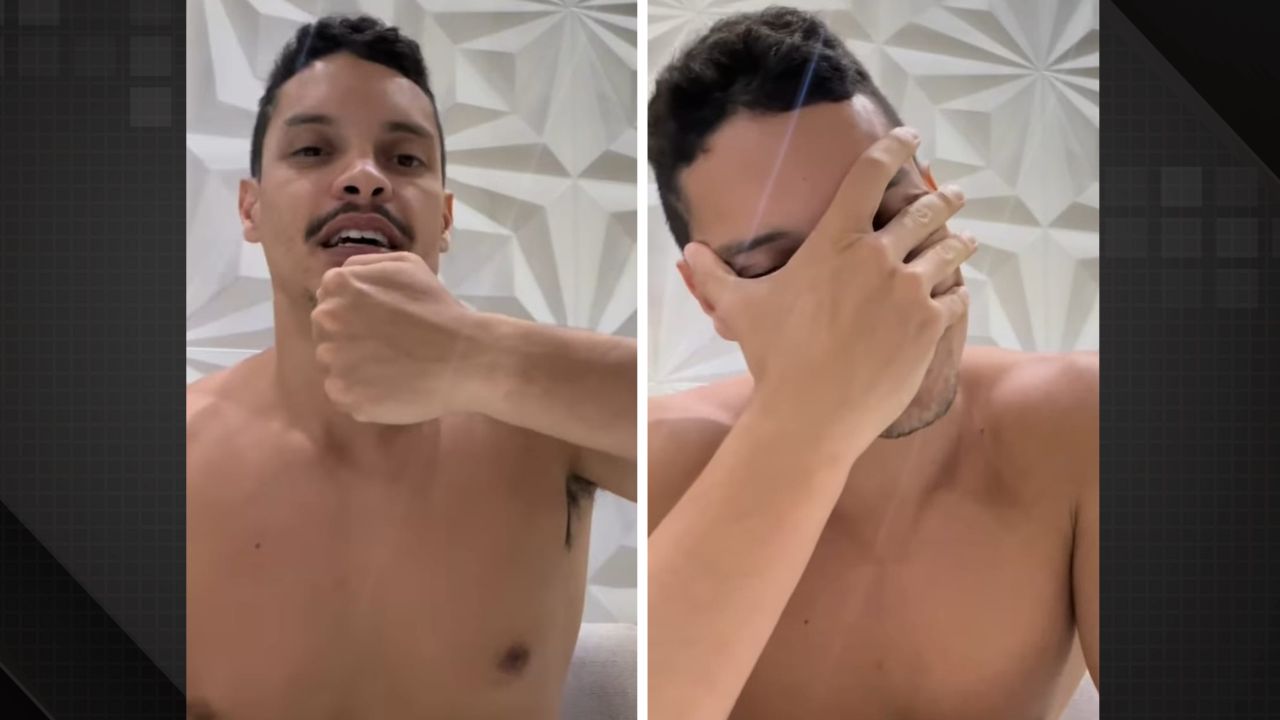 Influenciador Pedro Paulo sem camisa mostra o pulso sem relógio e lamenta