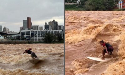 Montagem mostra homem surfando na cheia do Rio Doce