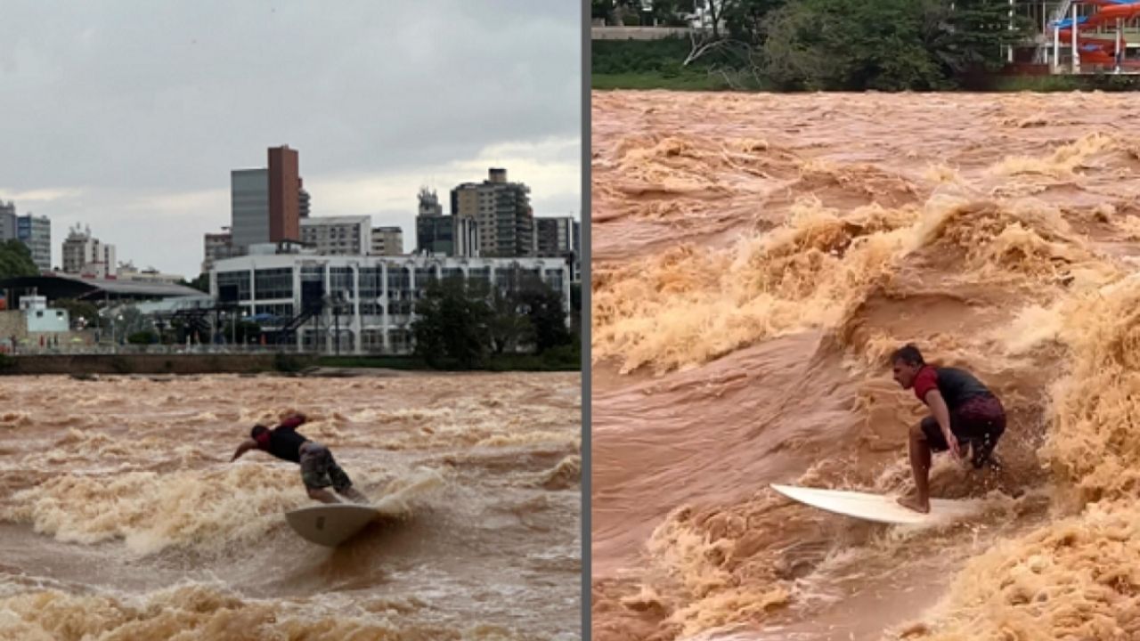 Montagem mostra homem surfando na cheia do Rio Doce