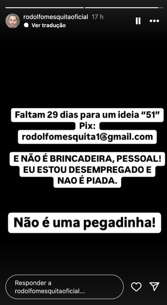 Pedido de ator global -Rodolfo Mesquita - Reprodução Instagram