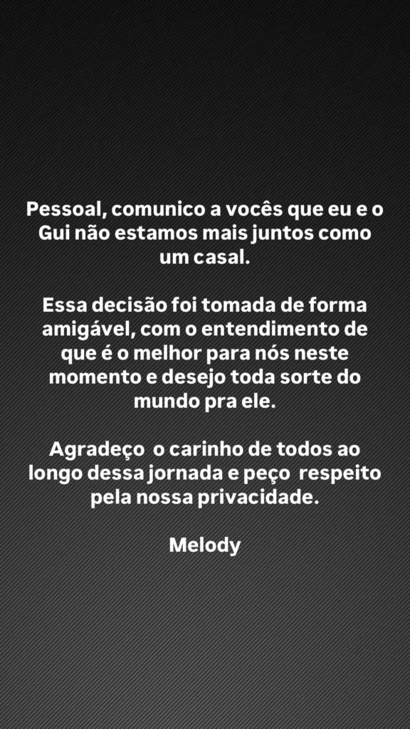 Story Melody confirma fim de namoro com Guilherme Stábile - Reprodução/Instagram