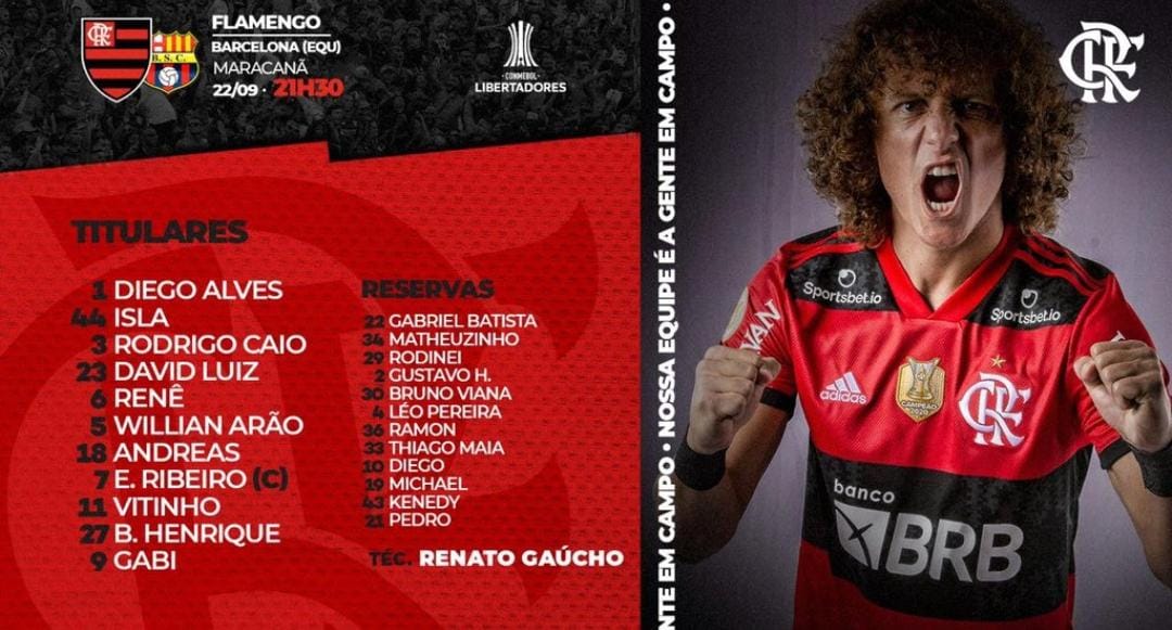 Com estreia de David Luiz, Flamengo escalado para pegar o Barcelona-EQU pela semifinal da Libertadores