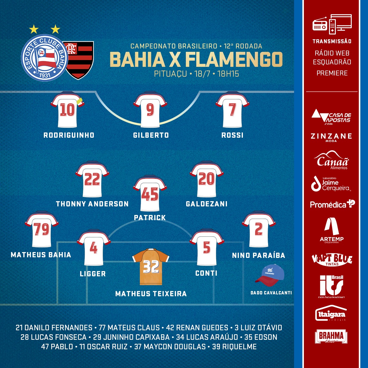 Bahia escalado para pegar o Flamengo pela Série A