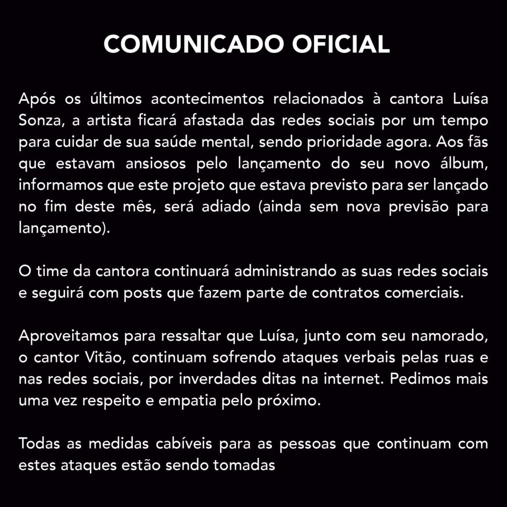 Comunicado equipe Luisa Sonza