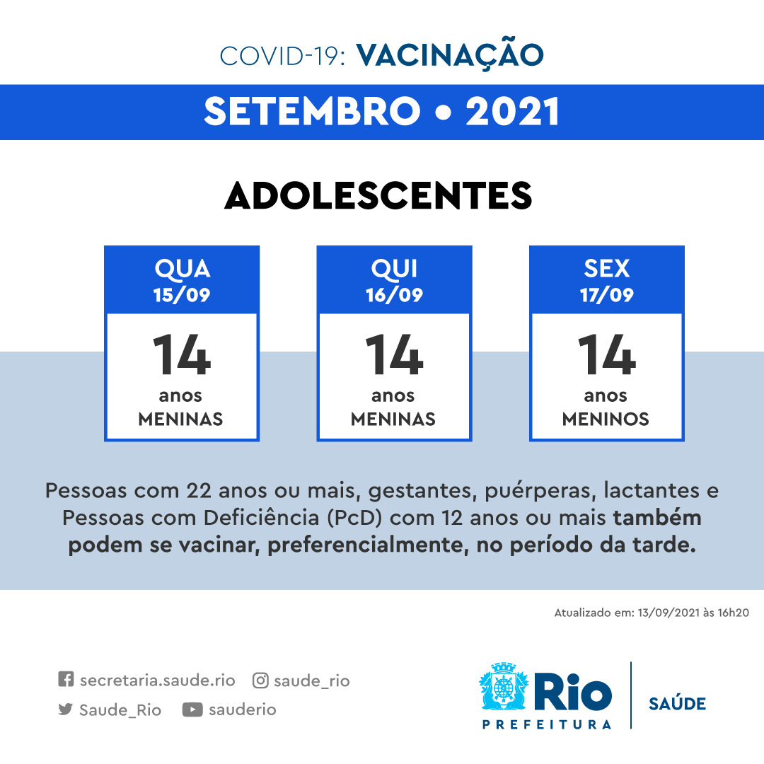 Calendário de vacinação contra Covid para os adolescentes de 14 anos no Rio
