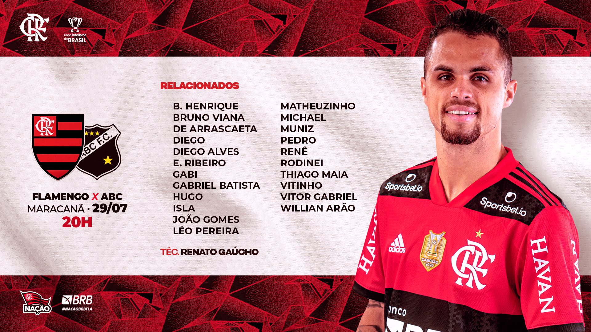 Flamengo divulga lista de relacionados para jogo contra o ABC de Natal pelas oitavas de final da Copa do Brasil