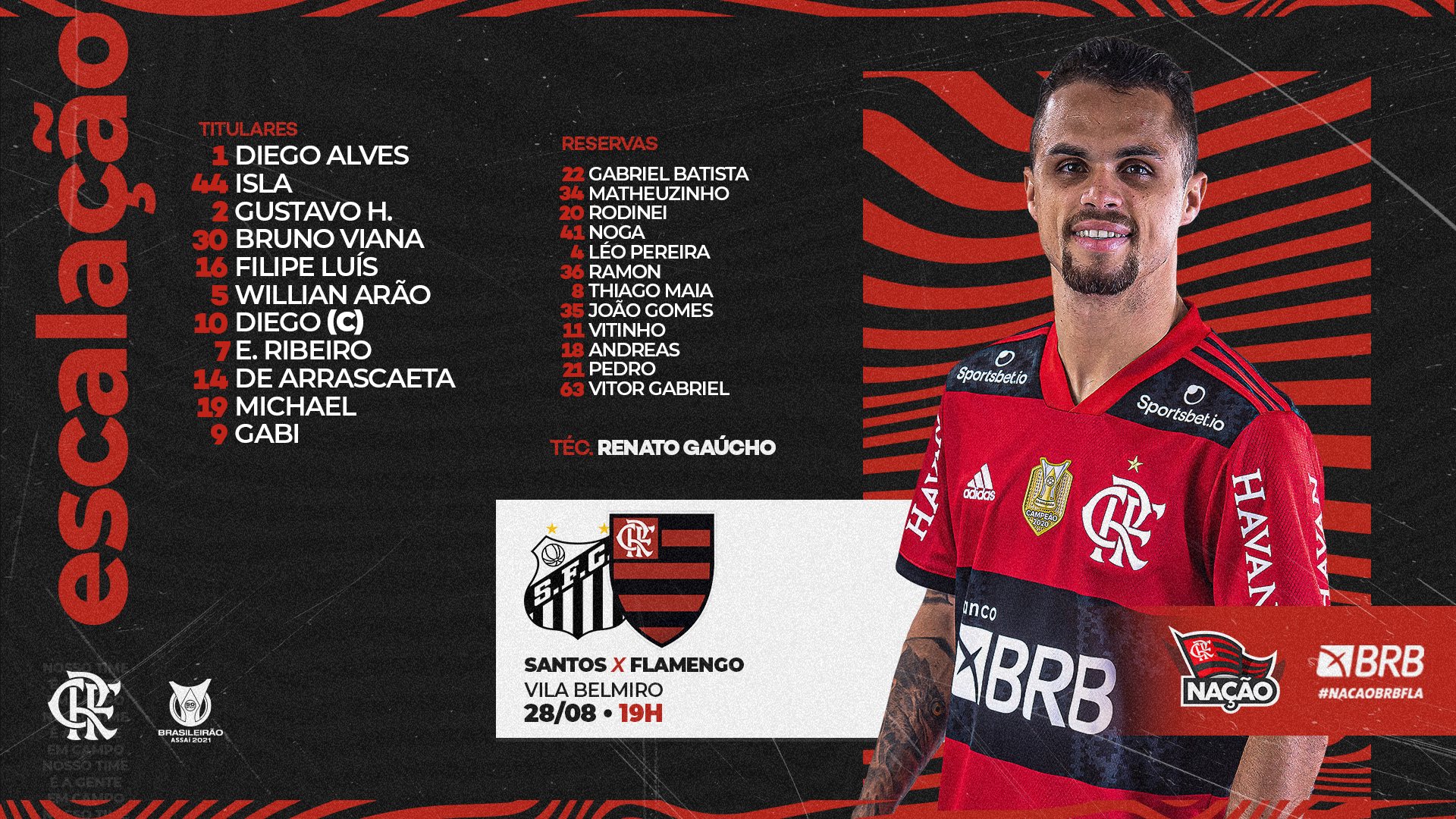 Flamengo escalado para pegar o Santos pelo Campeonato Brasileiro