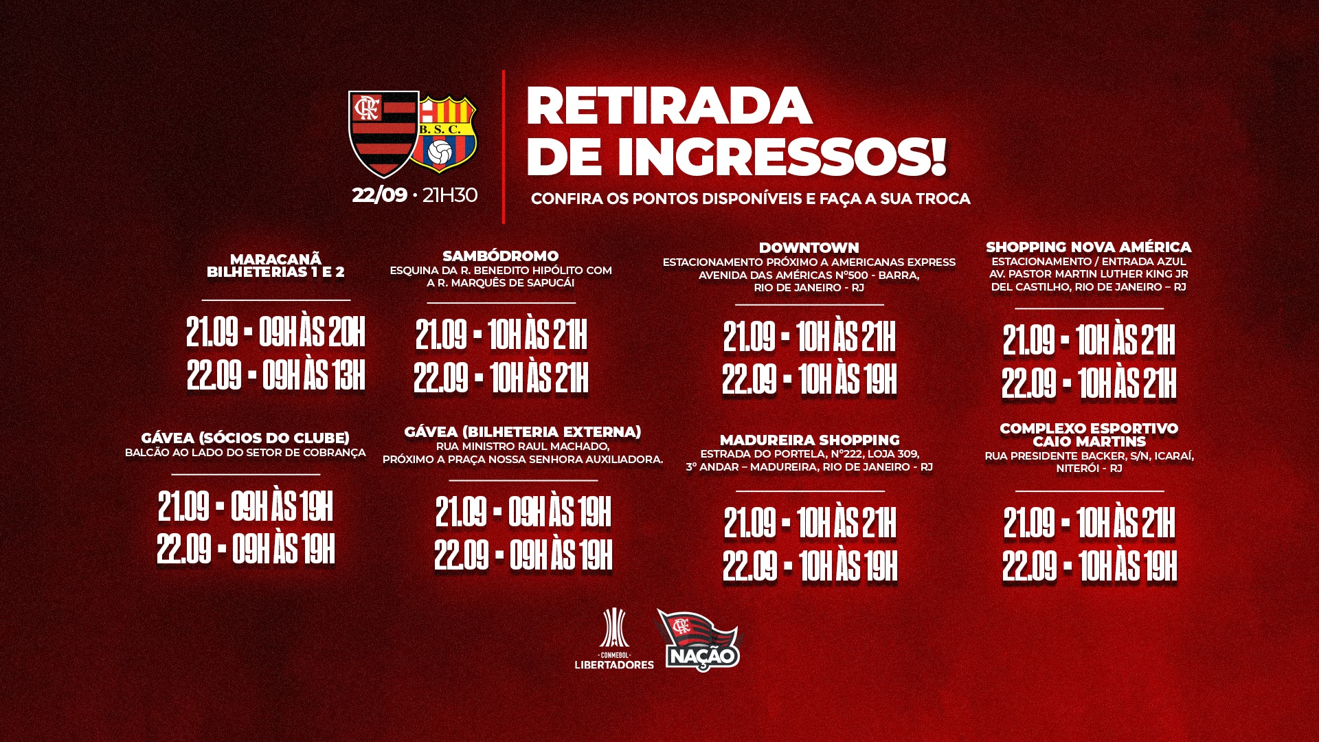 Flamengo divulga pontos de retirada de ingressos para jogo entre Flamengo e Barcelona-EQU