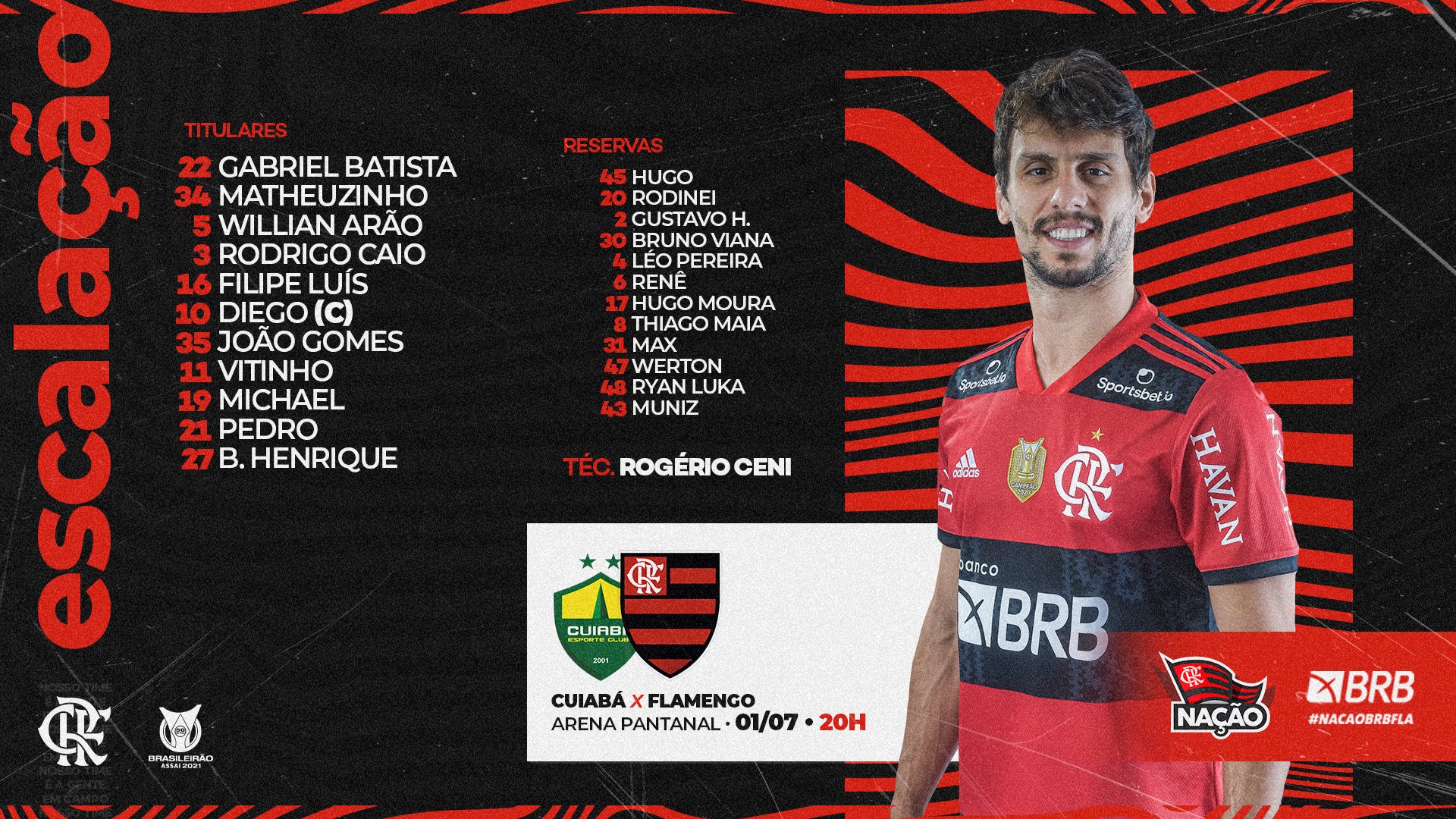 Flamengo escalado para pegar o Cuiabá pela Série A