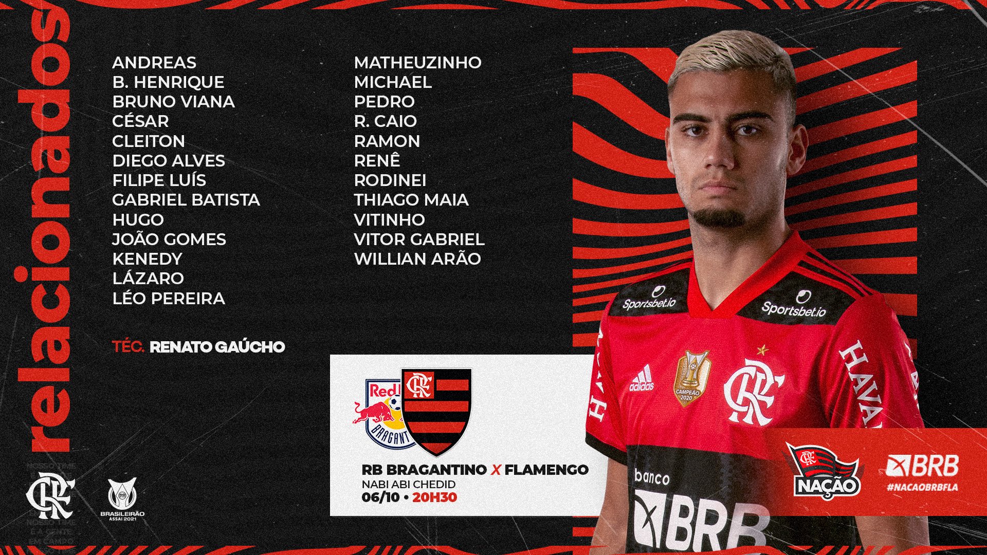 Flamengo divulga lista de relacionados para jogo contra o Bragantino pelo Campeonato Brasileiro