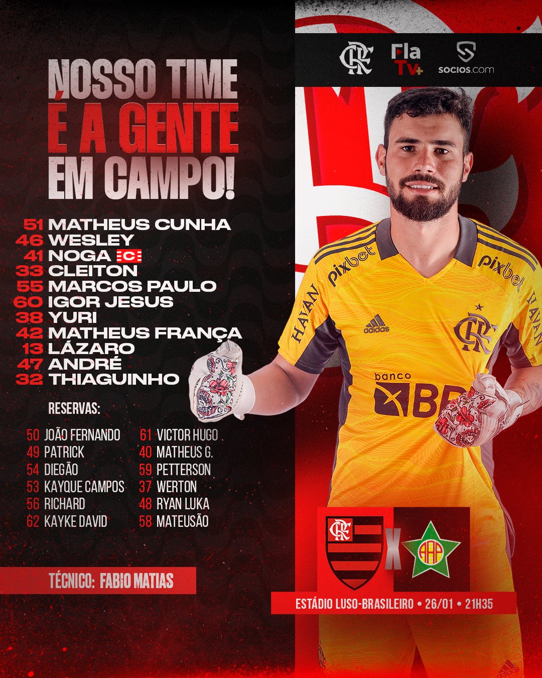 Flamengo escalado para pegar a Portuguesa pelo Campeonato Carioca