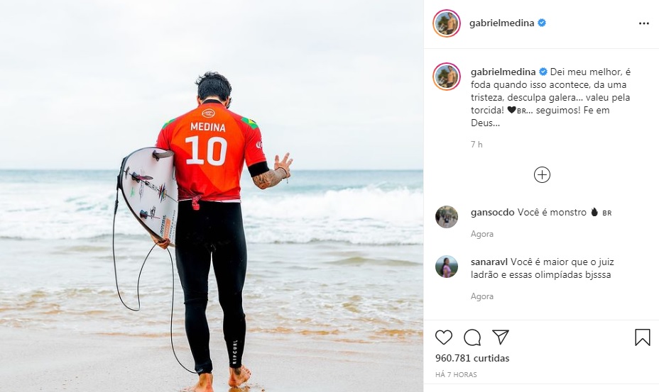 Print do post do Gabriel Medina após ser eliminado das Olimpíadas de Tóquio 2020