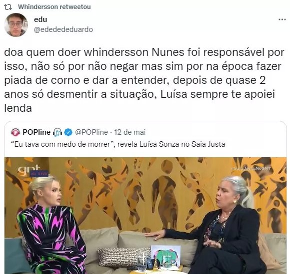 Whindersson Nunes compartilha tweet de seguidor falando da treta entre o humorista e Luísa Sonza
