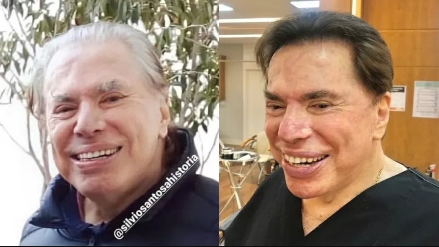 Silvio Santos antes e depois de pintar o cabelo