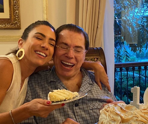 Silvio Santos comemorando 91 anos com a filha Patrícia Abravanel