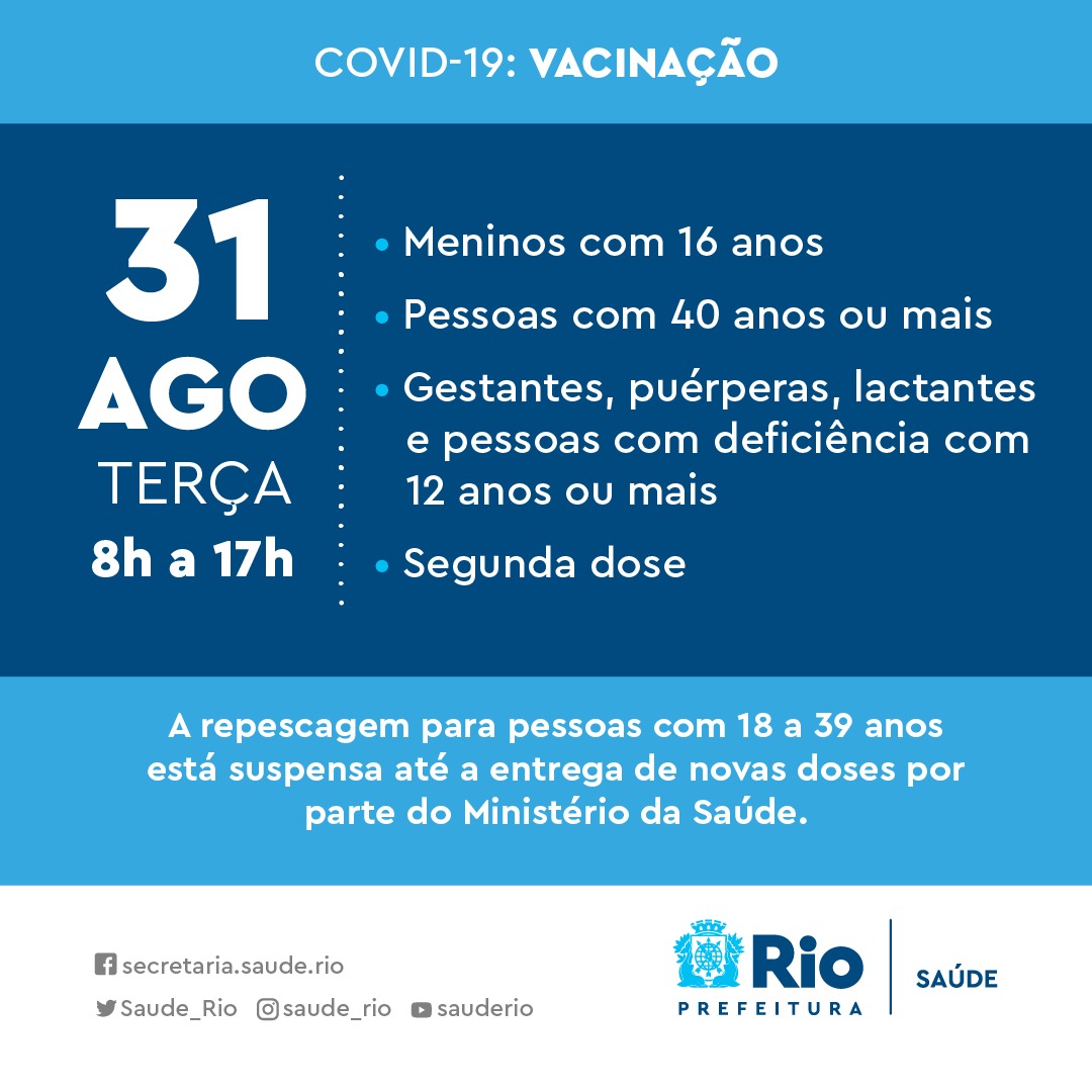 Vacinação contra Covid na cidade do Rio terça-feira, no dia 31 de agosto