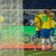 Jogadores do Brasil comemoram vitória sobre a Colômbia