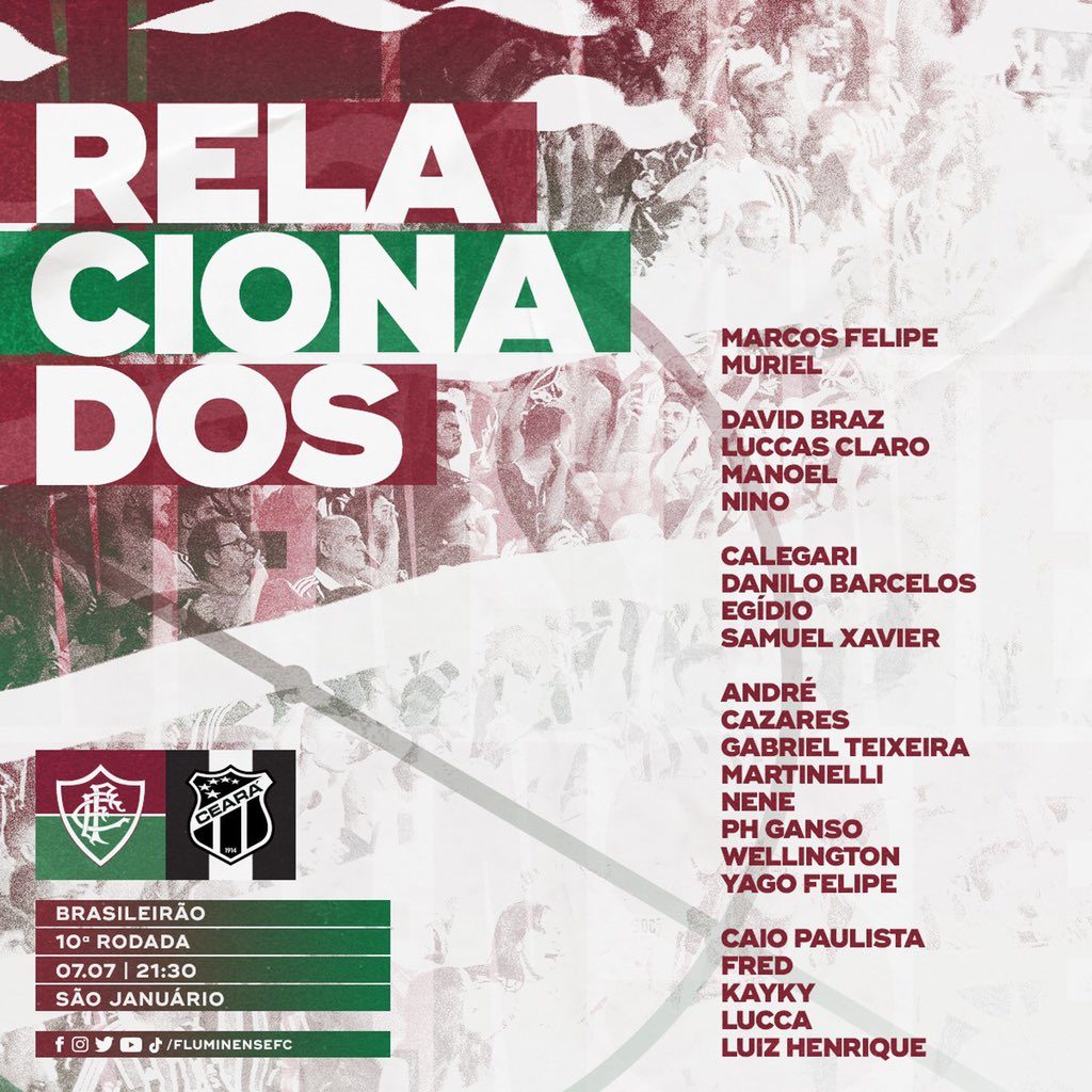 Relacão com os nomes dos jogadores do Fluminense para o jogo contra o Ceará