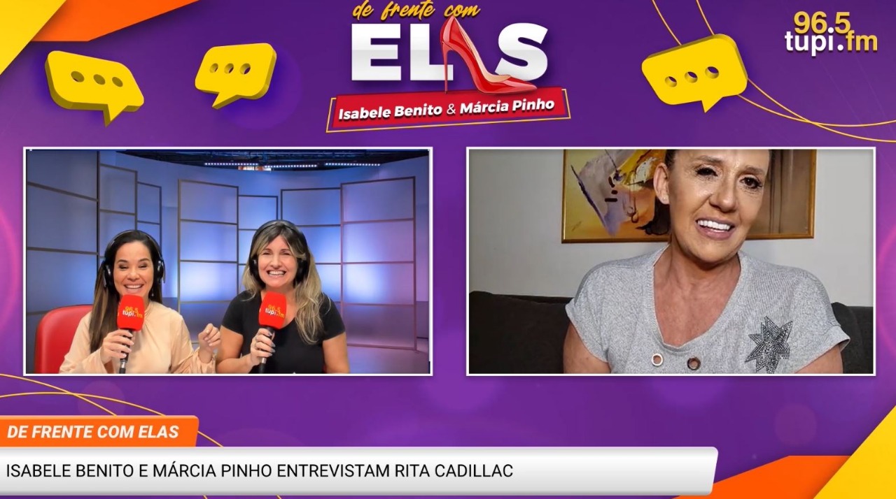 Na imagem, Rita Cadillac participando do programa "De Frente Com Elas", ao lado das apresentadoras Isabele Benito e Márcia Pinho