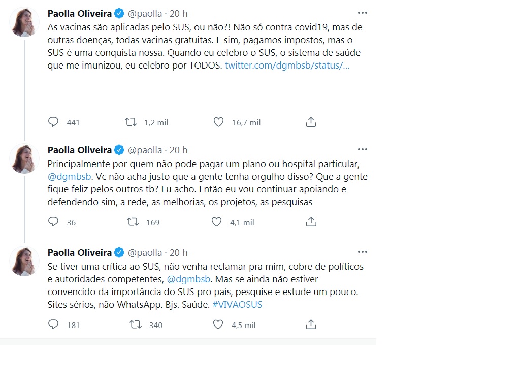 Print do Twitter da Paolla Oliveira falando sobre SUS