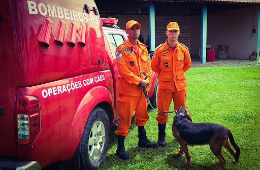 Imagem de Bombeiros com um dos cães do canil